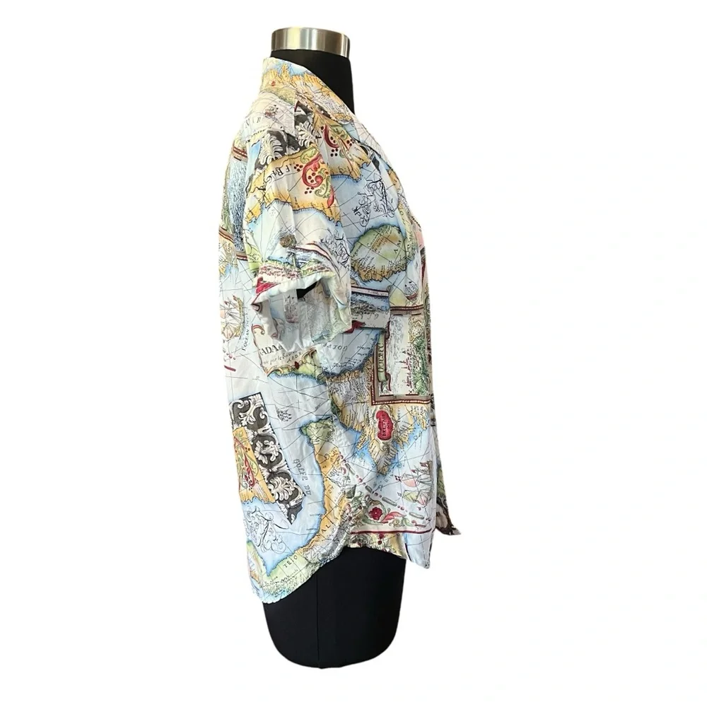 Vintage map print button up shirt short sleeve SP - Picture 4 of 13